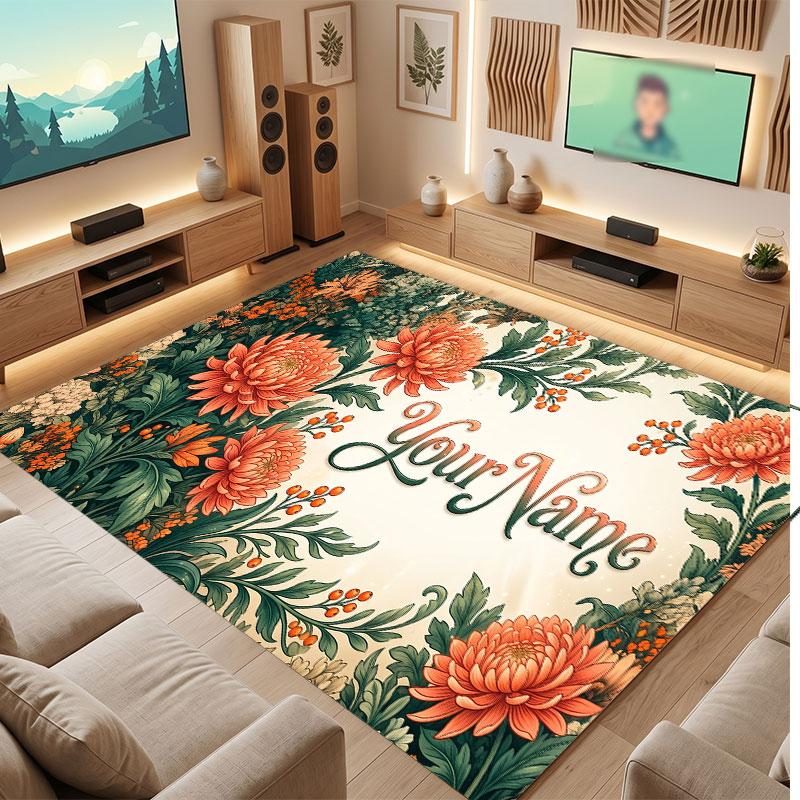 Floral Garden Theme Crystal Velvet Floor Rug Personalized Custom Name Text Warm Carpet Home Decoration