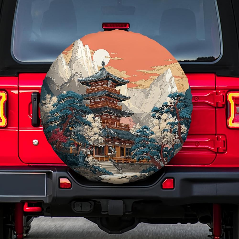 1pc 2D Flat Printing Tire Cover Temple 100% Polyester Fabric Without Electricity Picnic Use For Seaside Parking, Vehicle Protect