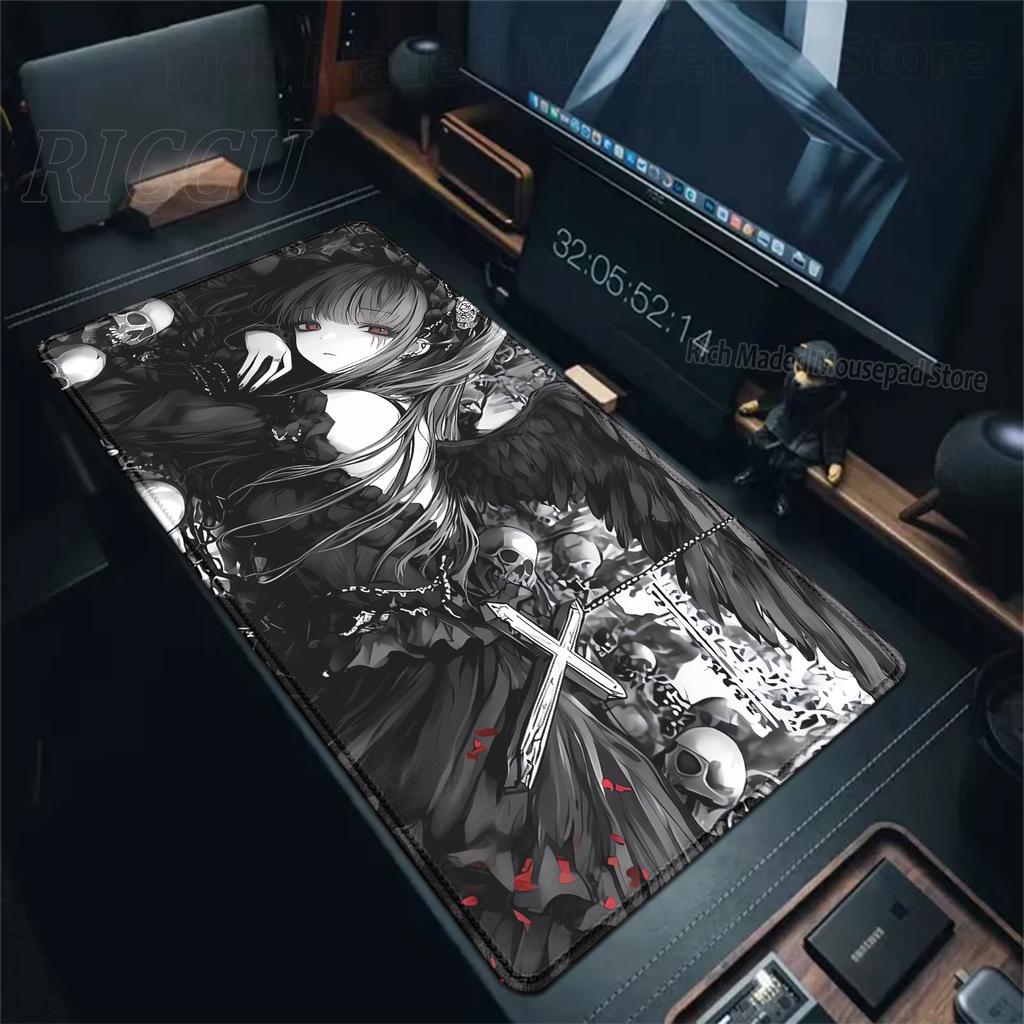 Alfombrilla de Ratón XXL Ángel Oscuro Chicas Anime Esterilla de Escritorio Oficina Portátil Alfombrilla de Escritorio Extendida Alfombrilla de Ratón para Jugador de PC Alfombrilla para Teclado Alfombra Negra