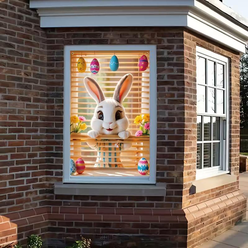 2D Spring Easter Bunny Peeking Window Banner, Floral Home Background 47.2x31.5inch/120*80cm