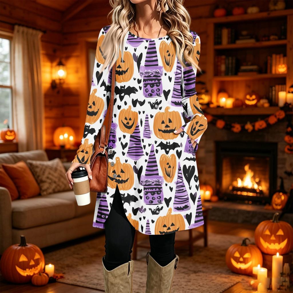 Women's Casual Printed Long Sleeve Neck Dress for Daily Wear
