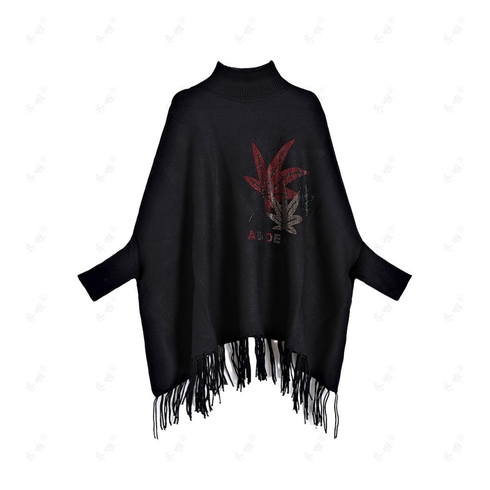 Autumn and Winter Maple Leaf Hot Diamond Loose Large Size Turtleneck Sweater Loose Pullover Batman Solid Color Knitted Jacket Women