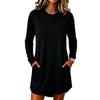 Women's Color Round Neck Long Sleeve Midi Dress with Pockets for Casual Wear