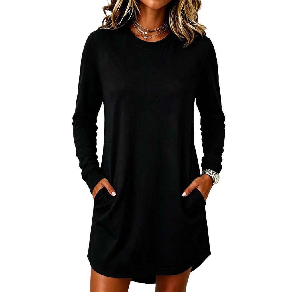 Women's Color Round Neck Long Sleeve Midi Dress with Pockets for Casual Wear