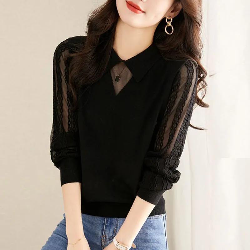 Lace Top Women's Western-style Long-sleeved Bottoming Shirt Spring and Autumn New Thin Hollow Doll Collar Mesh Sweater