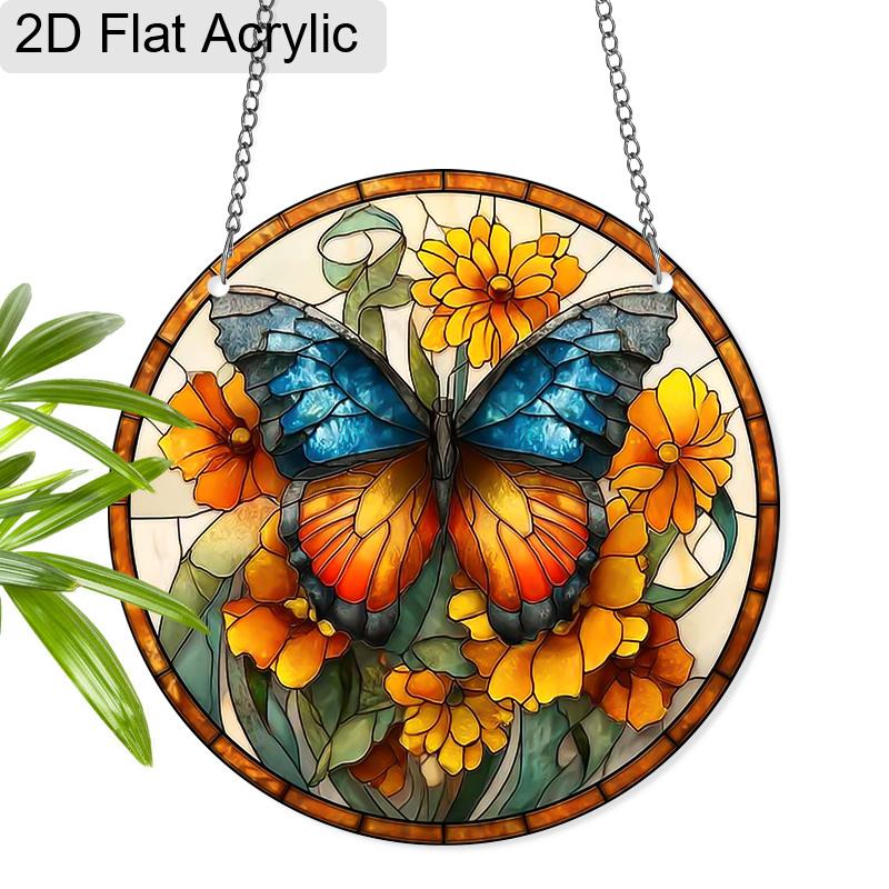 Acrylic Blue-Orange Butterfly with Yellow Flowers Suncatcher, Stained Glass Effect Window Hanging Ornament for Nature & Art Lover Gifts