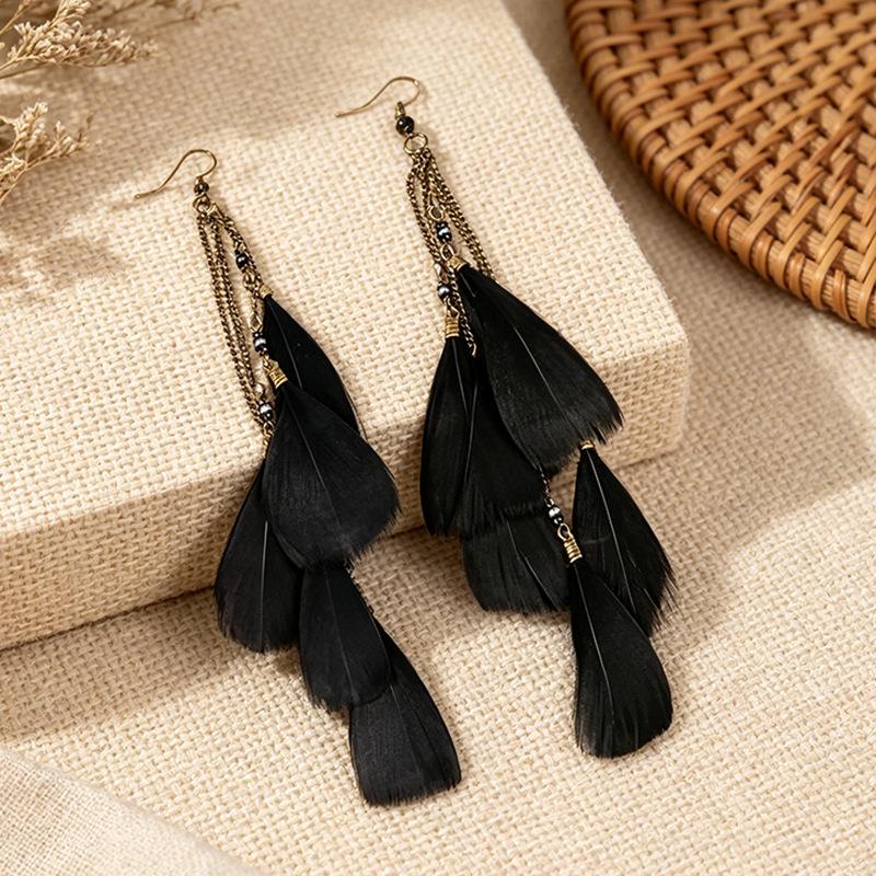 Orecchini Bohemien Vintage Foglia Piuma - Ganci ad Anello a Catena Lunga Stile Etnico per Donna