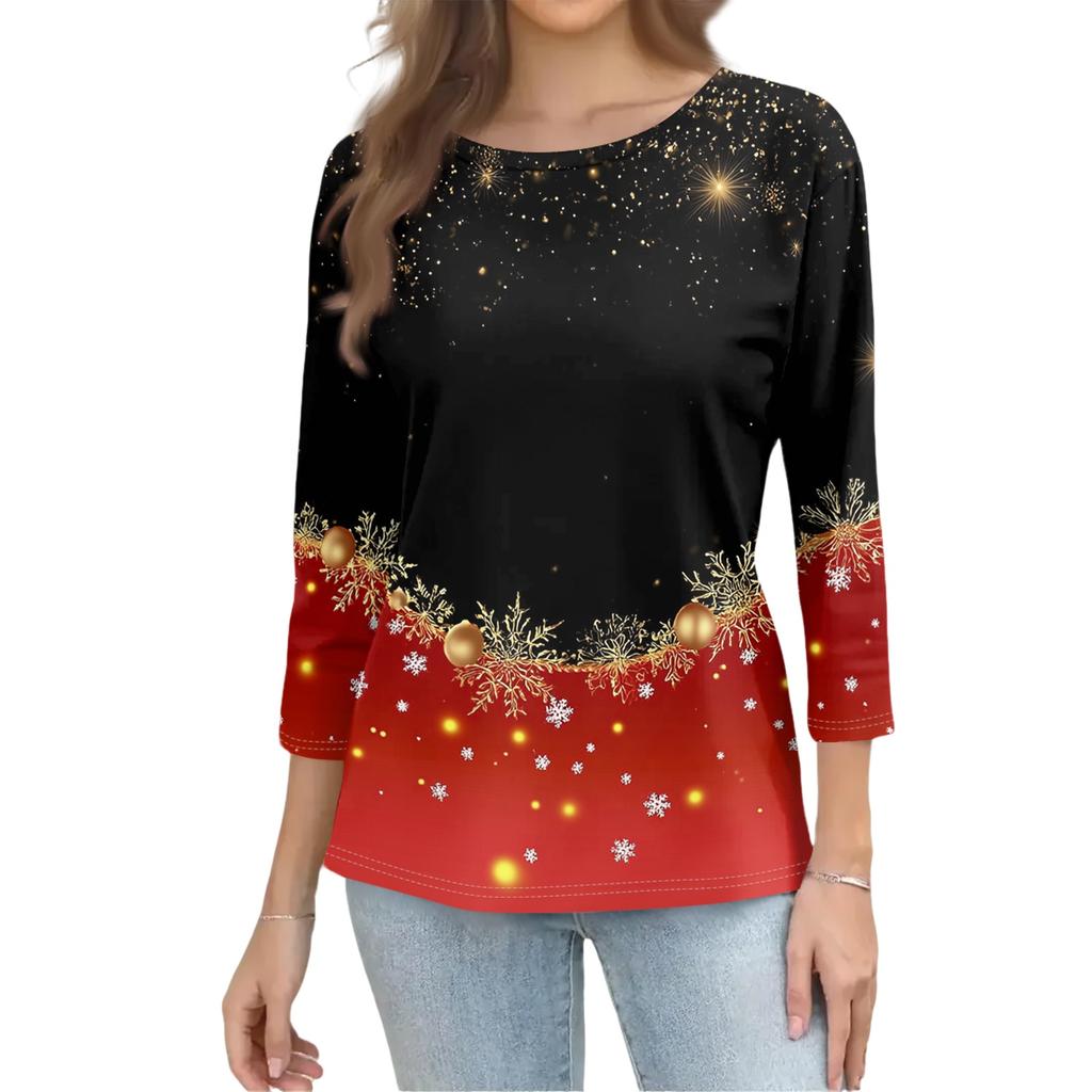 Women's Casual Three-Quarter Sleeve Christmas Print Neck Top