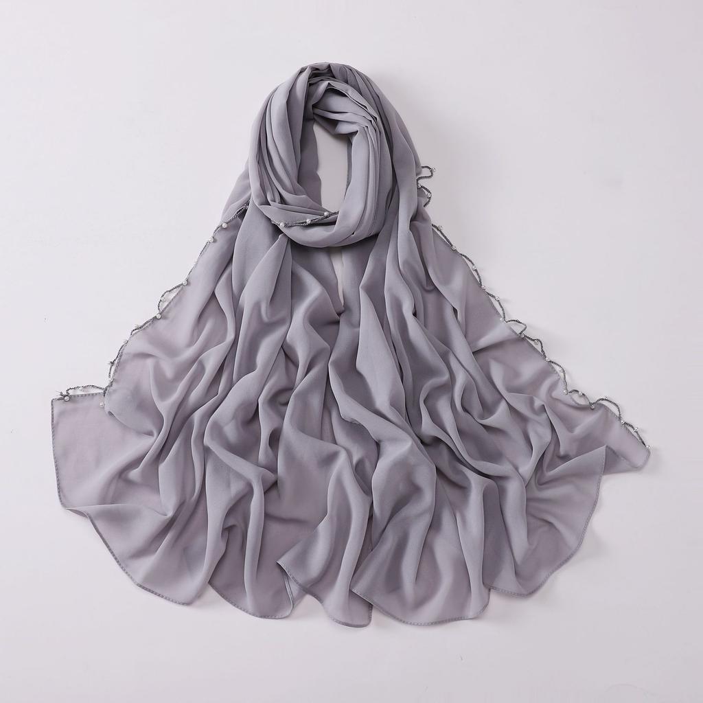 Pearl Edge Chiffon Hijab Scarf Women Muslim Long Shawl Soft Plain Head Wrap Beaded Border Lightweight Islamic Turban