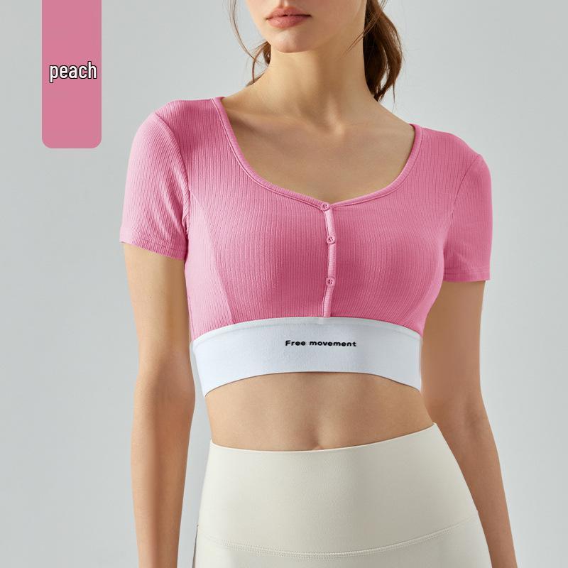 

Women s Cross-Strap Color Block Yoga Top with Removable Cups, Sweetheart Neckline, Short Sleeves. Small