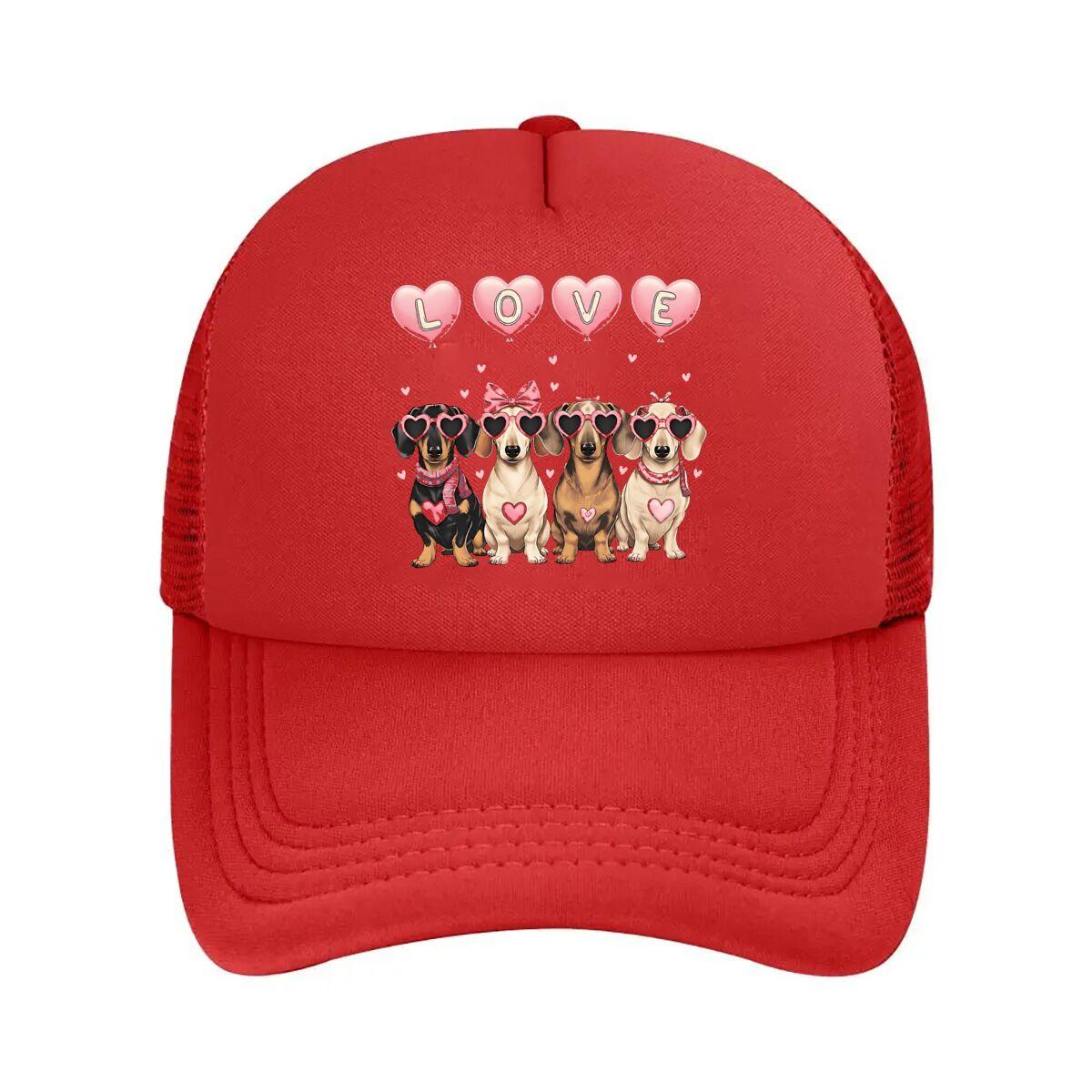 LOVE Heart Balloon Dachshund Dogs Valentines Day Graphic Mesh Baseball Cap Hip Hop Adjustable