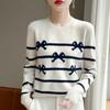 Women's Wool Round Neck Color Block Sweater - Loose Knit Long Sleeve