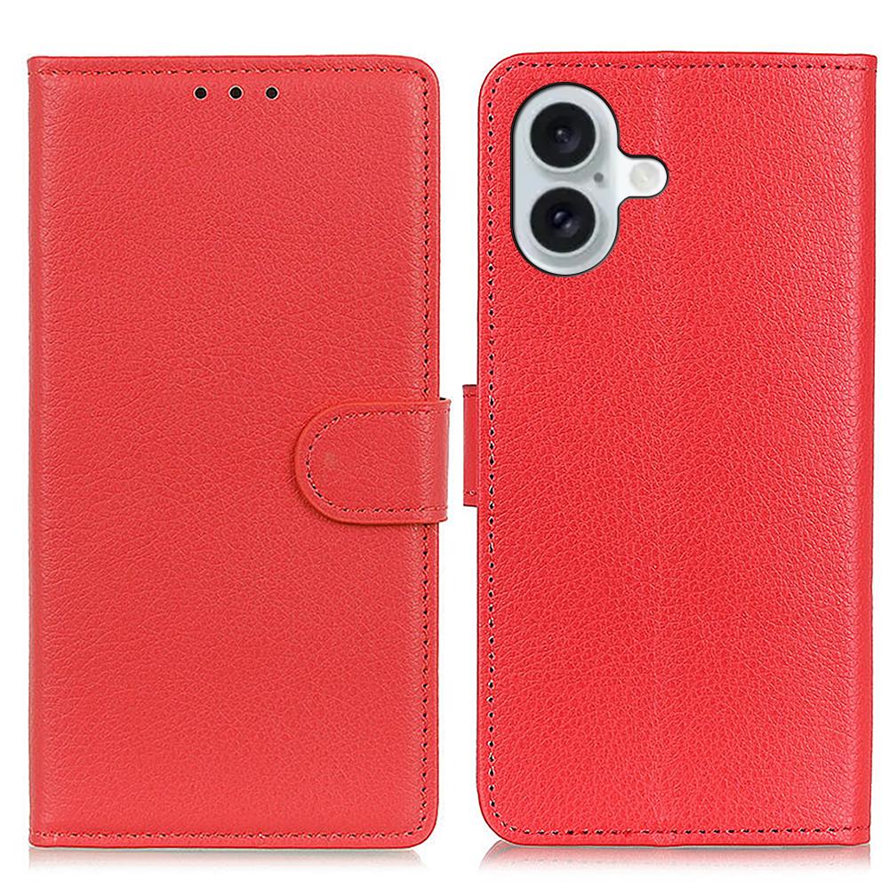 For iPhone 16 Case PU Leather Wallet Stand Litchi Texture Phone Cover