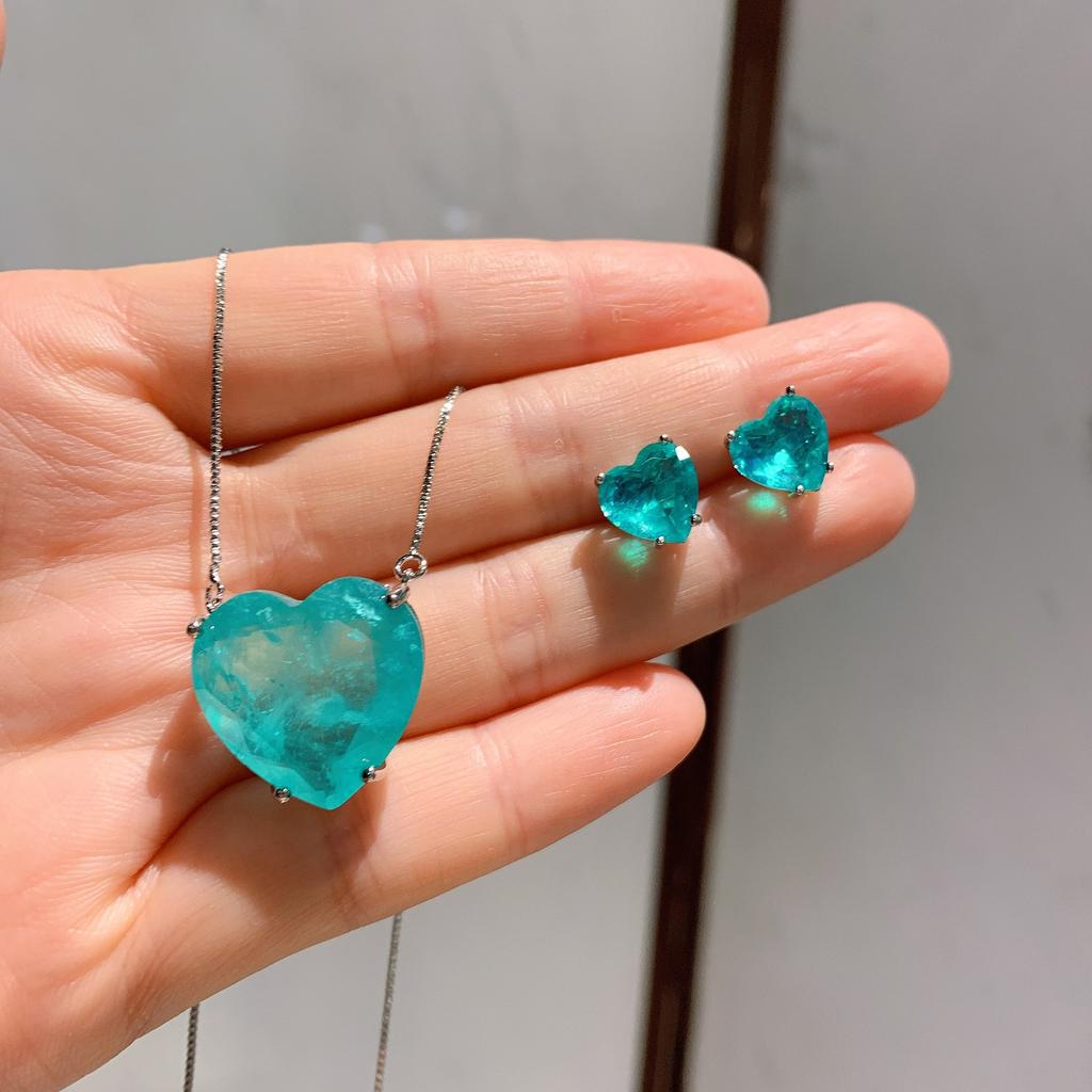Jewelry Necklace Women'S Imitation Paraiba Heart Pendant 20 * 20 Stud Earrings 10 * 10 Set