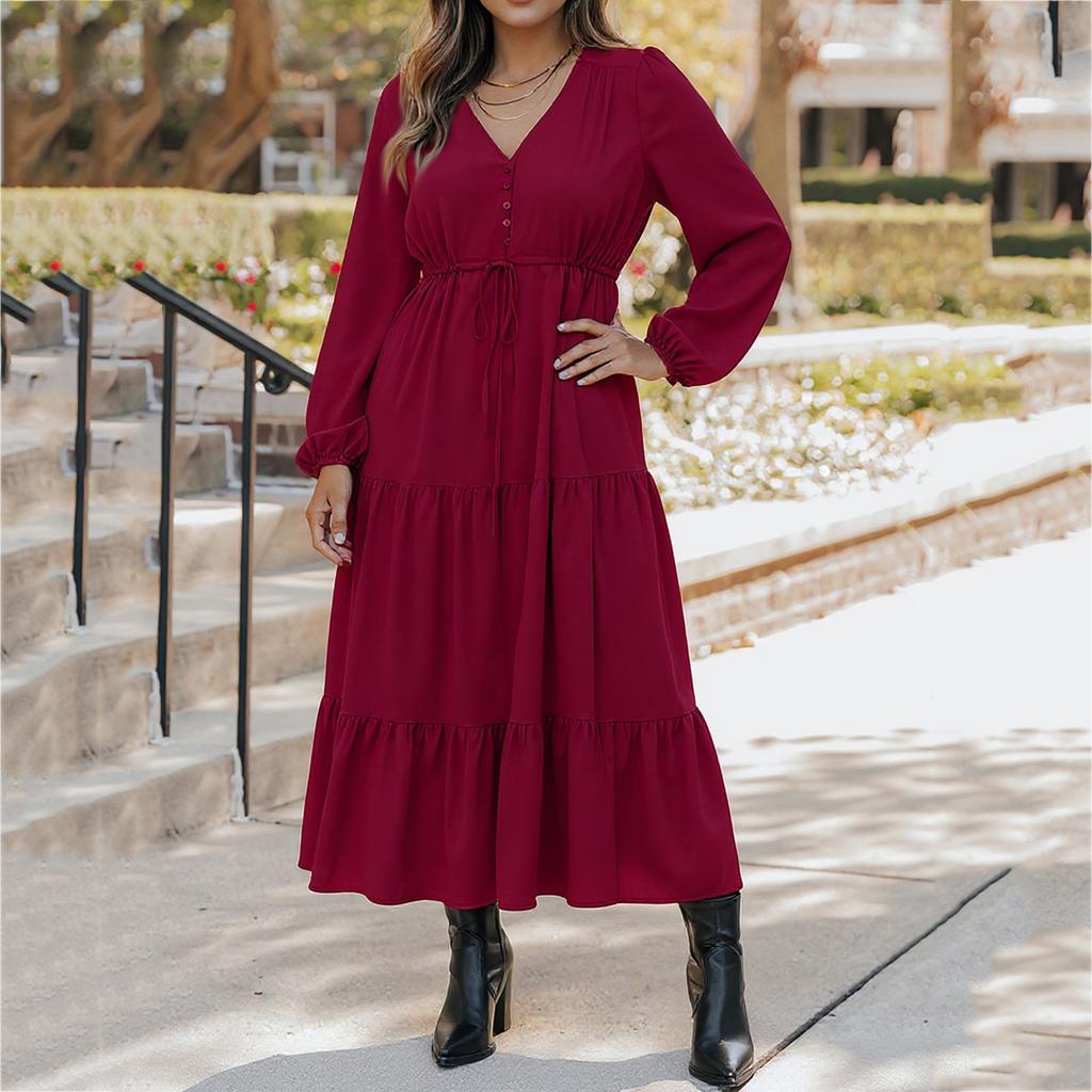 Women's Fashionable Casual Long-sleeved Tie Loose Maxi Dress