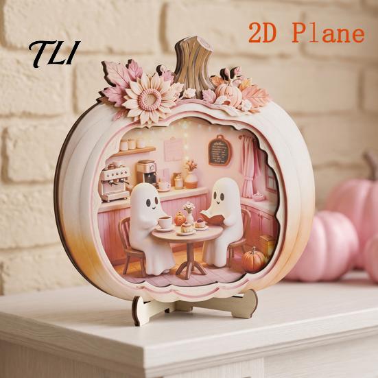 Wooden Halloween Night Light Ghost Pumpkin Plaque, 2D Flat Tabletop Sign, Table Decor Spooky Bathing Reading Ornament for Home Office Mantel
