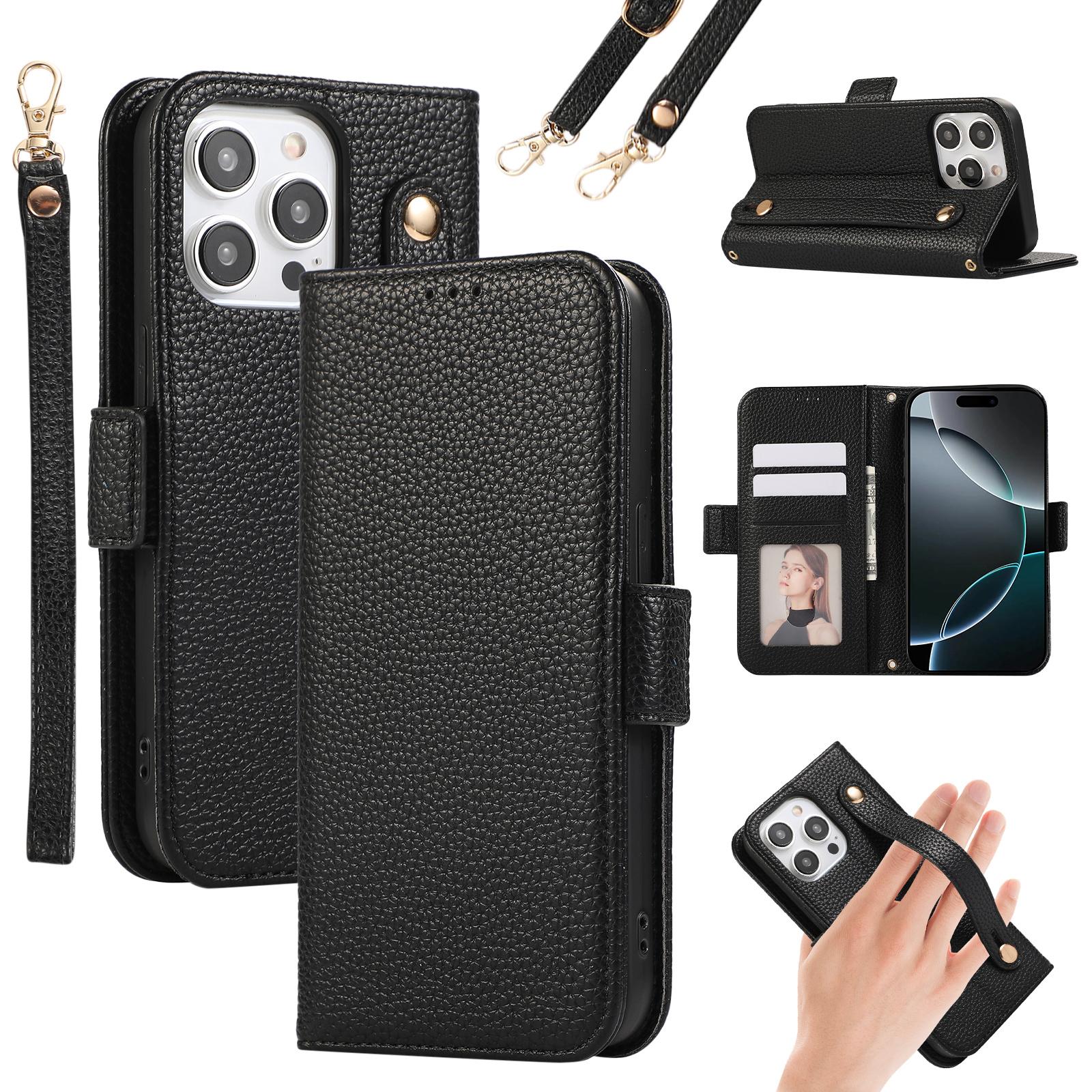 

For iPhone 16 Pro Max Leather Case with Card Holder, Straps, Shockproof Wallet Phone Cover B