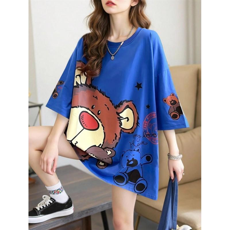 Soft Plush Bear Print Casual Loose Fit Short Sleeve Round Neck T-Shirt Women Men Youth