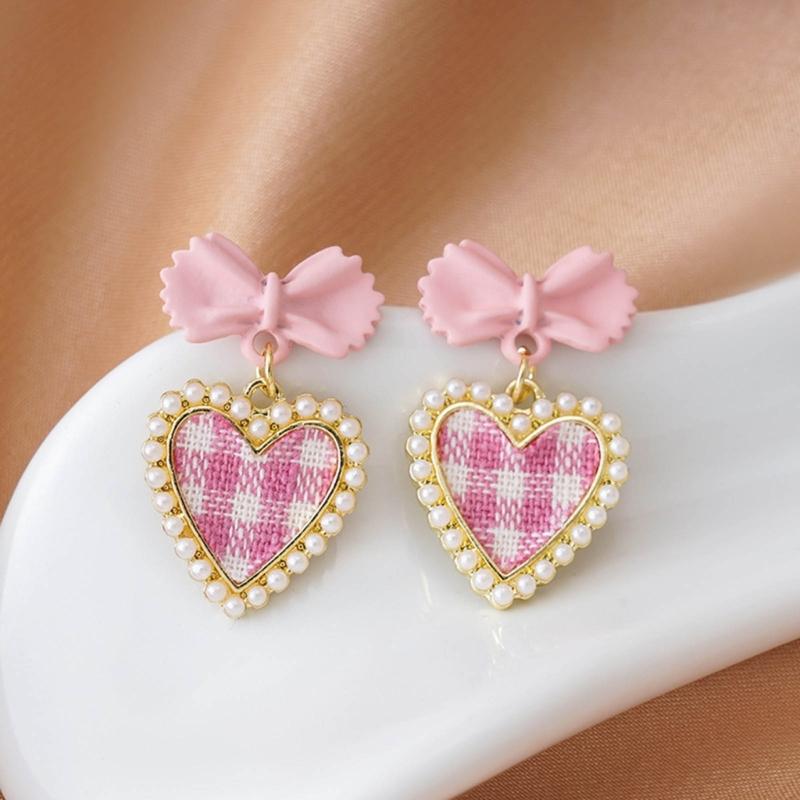 Cute Korean Hanging Love Grid Pearl Heart Earrings for Women Girls Fashion 2024 Bowknot Earrings Trend Party Jewelry