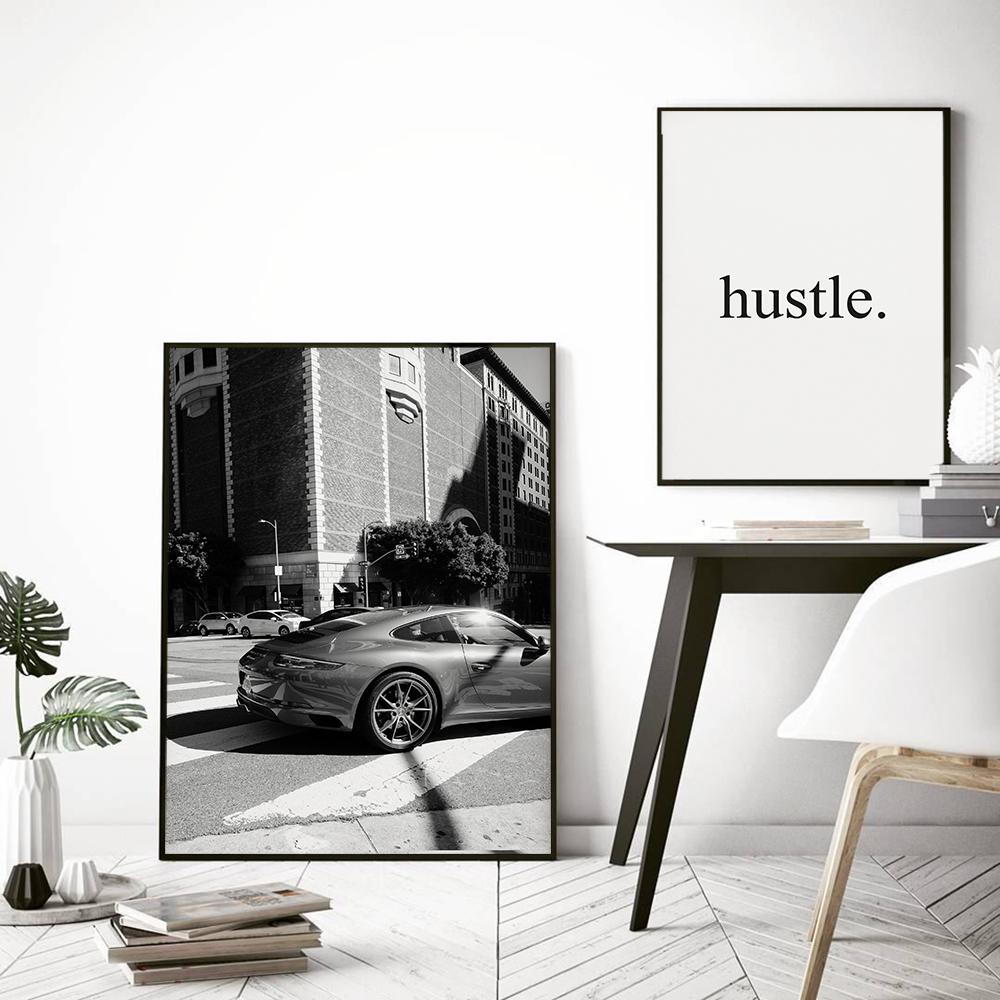 Hustle Motivation Poster Sport Car 911 Prints Modern Living Room Wall Art Canvas Painting Black White Home Decor Pictures