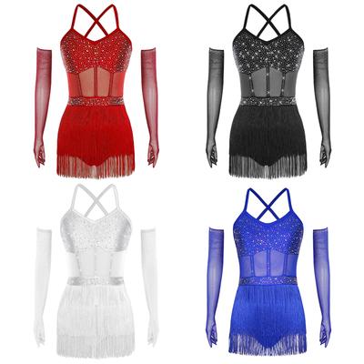 Rochie body transparentă din plasă patchwork pentru femei, cu design stratificat cu franjuri, mănuși lungi, strasuri strălucitoare, rochie pentru dans latino