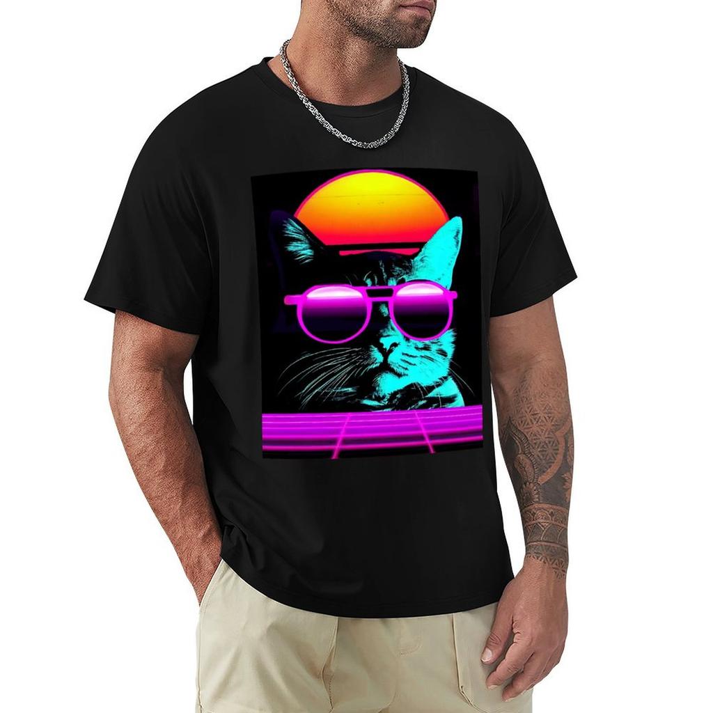 Funny Retro Vaporwave Synthwave Cat Tshirt Industrial Work Tee Shirt