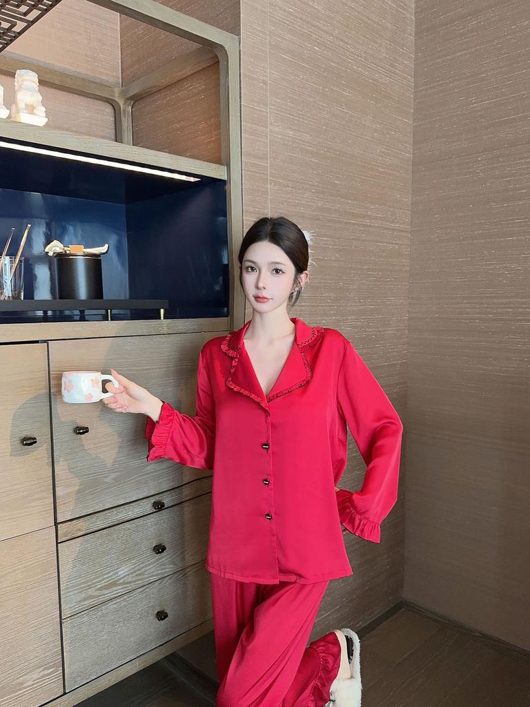 Ice silk girl homewear Xiaoxiangfeng French lace long-sleeved pajamas homewear new ice silk long-sleeved suit