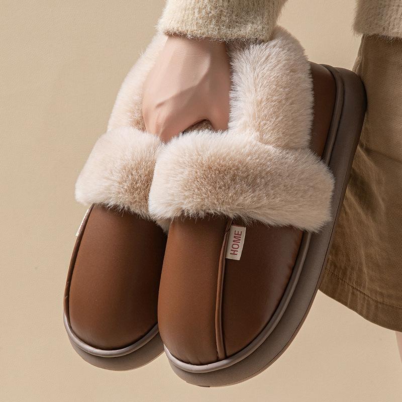 Bag Heel Leather Cotton Slippers Women's Autumn and Winter Waterproof and Velvet Warm Thick Bottom Non-slip Home Wear Plush Cotton Shoes