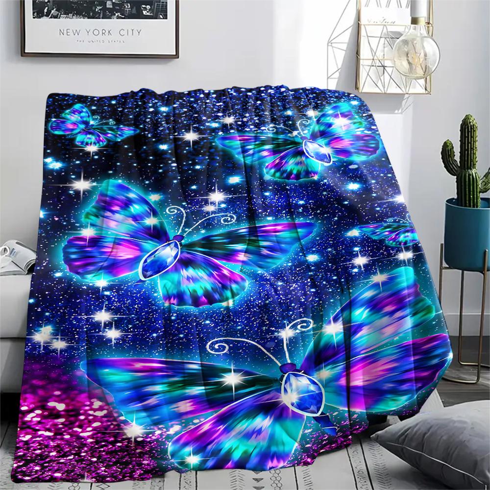 1Pc Blue Butterflies Print Flannel Blanket, High Quality Comfortable for All Seasons, Home Decor, Warmth and Comfort, Perfect for Christmas Gifts