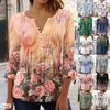 Women's Floral Print V Neck 3/4 Sleeve Pleated Tunic Blouse with Decorative Buttons