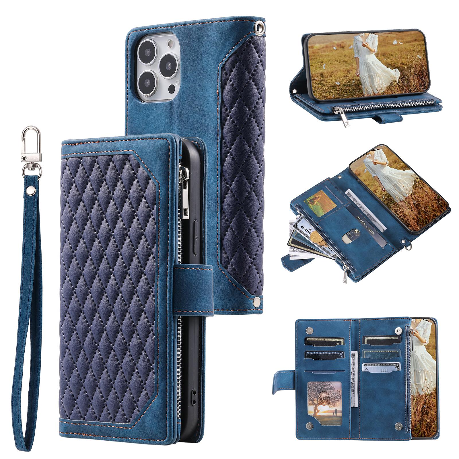 

Zippered Wallet Phone Cover for iPhone 15 Pro PU Leather Flip Cover Rhombus Texture Anti-Drop Phone Case with Strap Blue