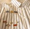 Spring 2026 Trendy Cartoon Cat Embroidered Striped Long Sleeve Lapel Shirt for Women