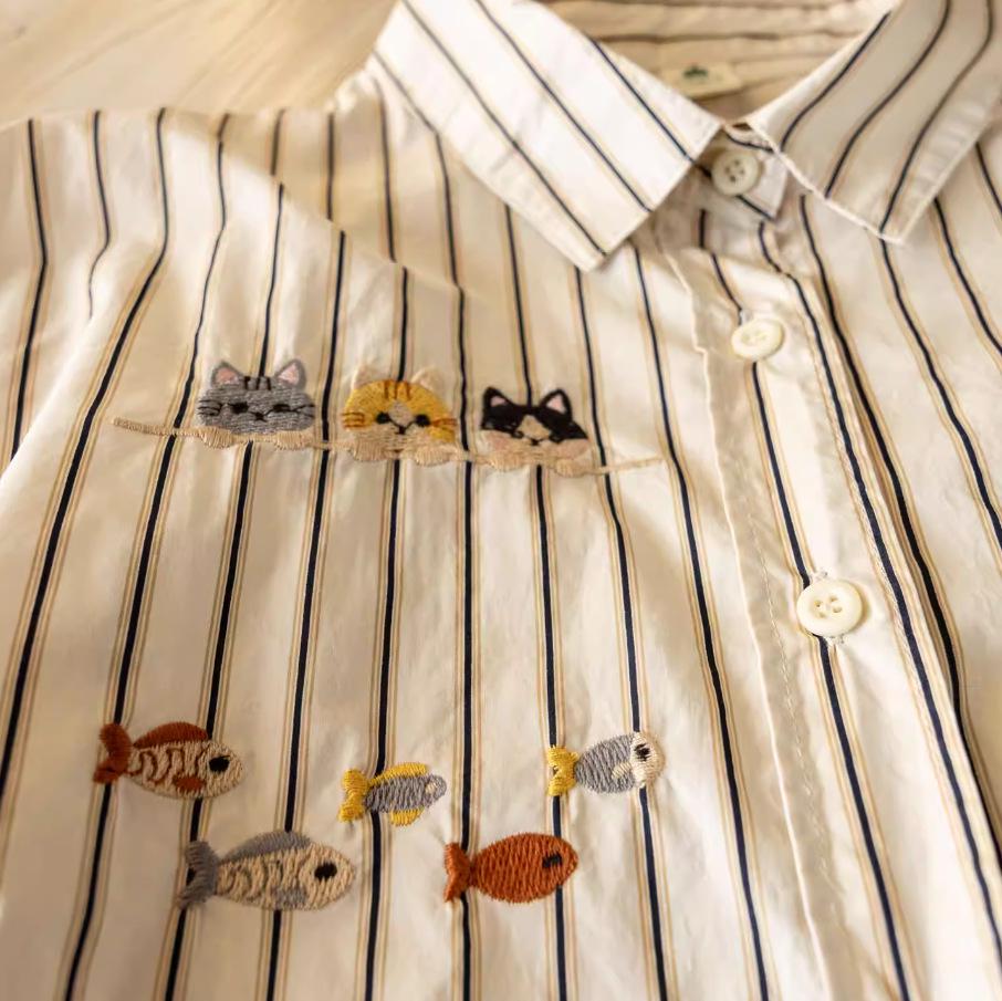Spring 2026 Trendy Cartoon Cat Embroidered Striped Long Sleeve Lapel Shirt for Women