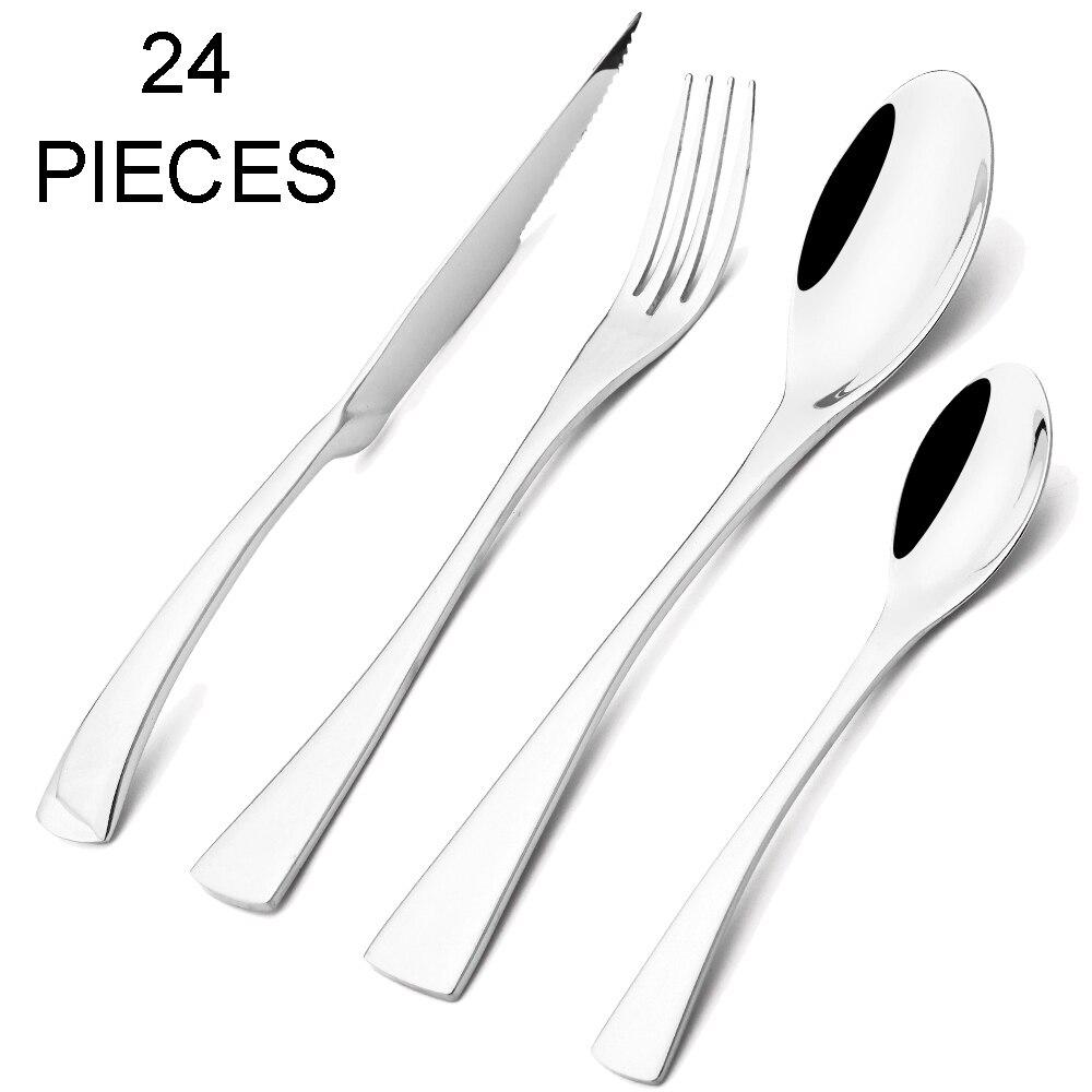 

24 шт., блестящий золотой набор столовой посуды, высококлассный набор столовых приборов из нержавеющей стали 304, нож для стейка, вилка, ложка, столовые приборы, кухонная посуда для вечеринки серебряный