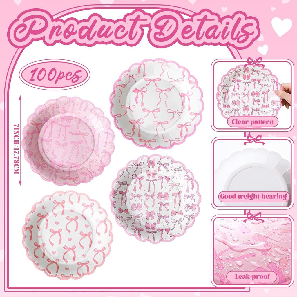100 Pcs Pink Bow Paper Plates 7'' Disposable Paper Plates Pink Coquette Bow Dessert Set for Girl Bachelorette Bridal Engagement Baby Shower Birthday