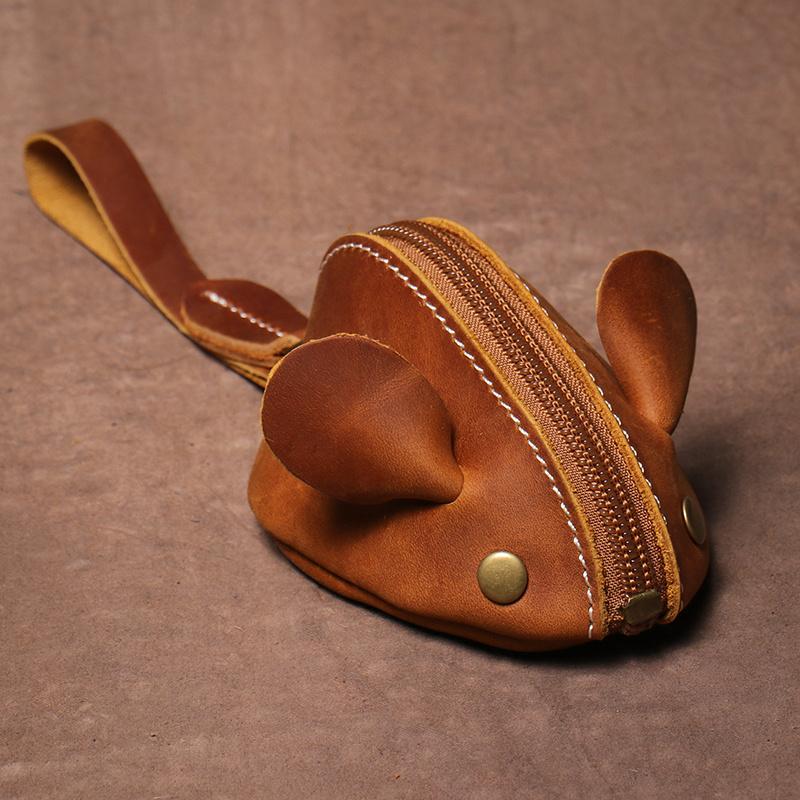 Fashion Accessories Crystal Jewelry Men's Brown Genuine Leather Mouse Coin Purse Small Coins Bag Creative Key Bag Zipper Storage Bag Cartoon Children's Wallet