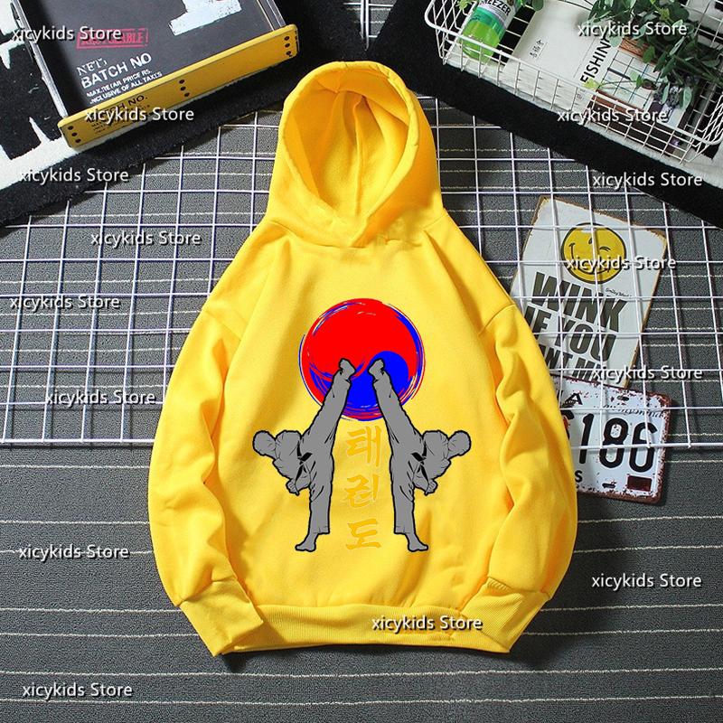 New Hot Sale Boys Hoodie Taekwondo Fighter Korean Martial Art Kick And Punch Graphic Print Kids Spring Autumn Winter Sweatshirt