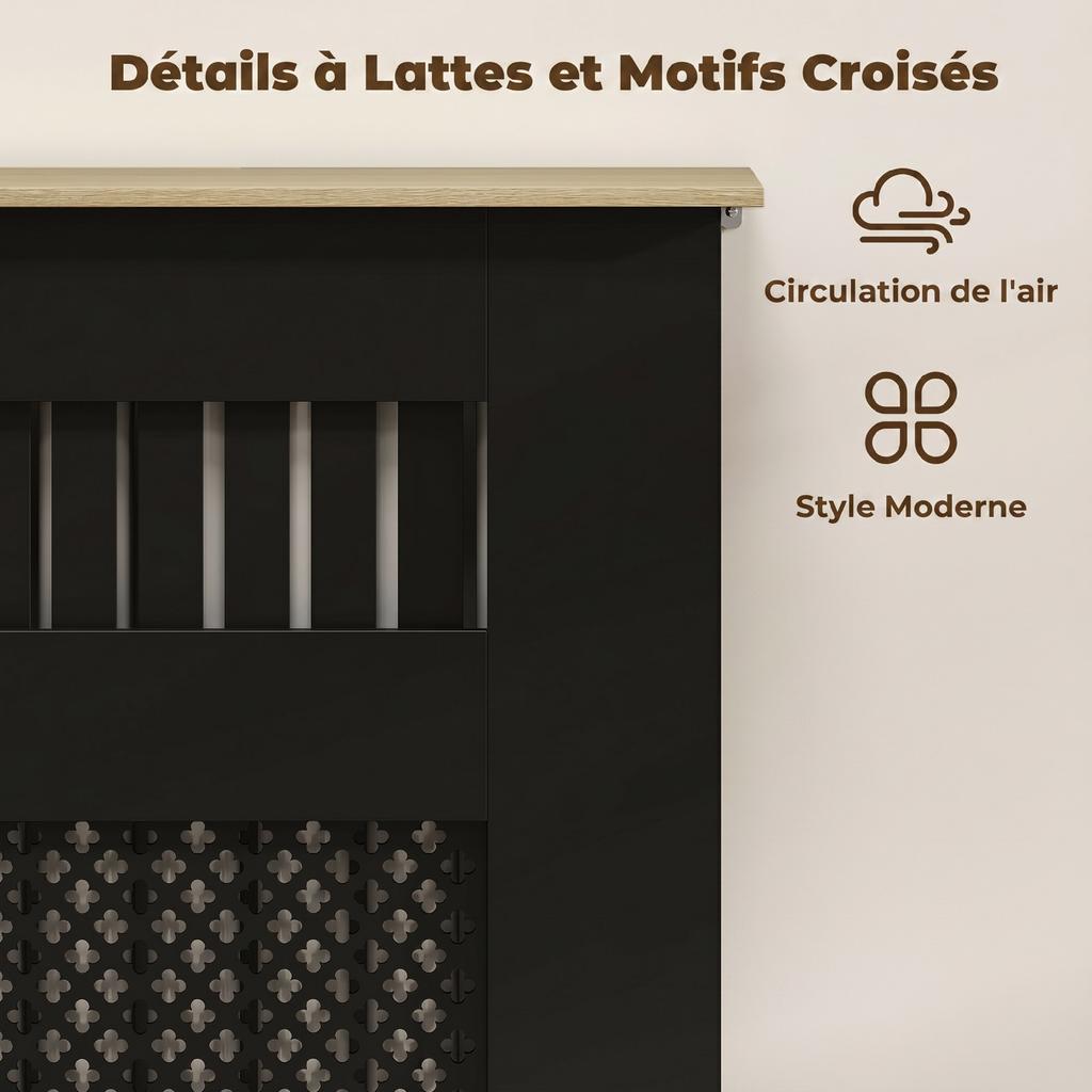 Wooden Slatted Radiator Cover, Crisscross Detailing, Top Shelf, 78 x 19 x 81 cm, Black