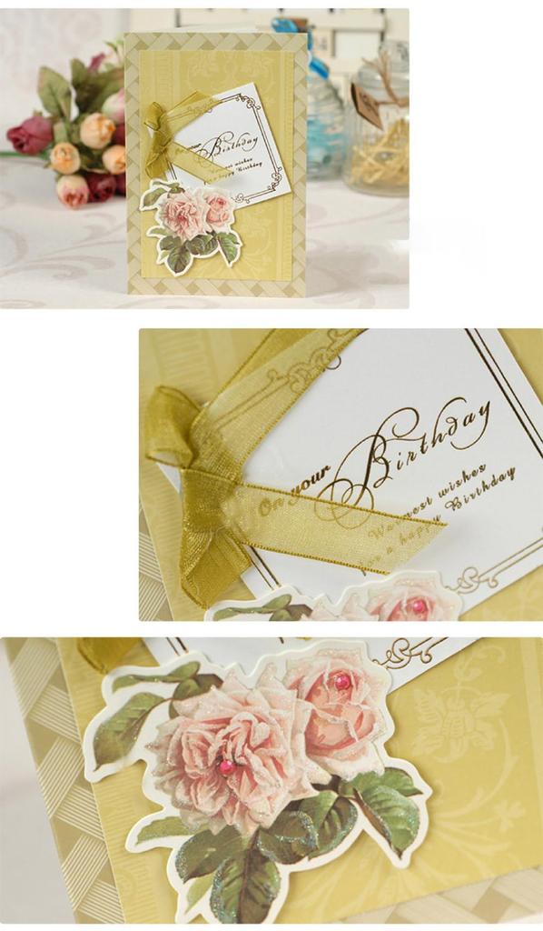 Moin Moin Message Cards Large Value Pack of 18 3D Antique Classic Elegant Floral Collage with Beaded Pink Foil Thank Thank Fancy Retro Design +
