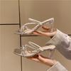 2025 Silver Crystal Sandals Women Thick Heel Sandles Woman Summer Med Heeled Party Shoes Female