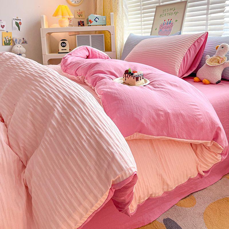 Seersucker Bedding Sets Solid Color Washed Cotton Microfiber Duvet Cover Flat Sheet Pillowcases Soft Bed Linen For Girls