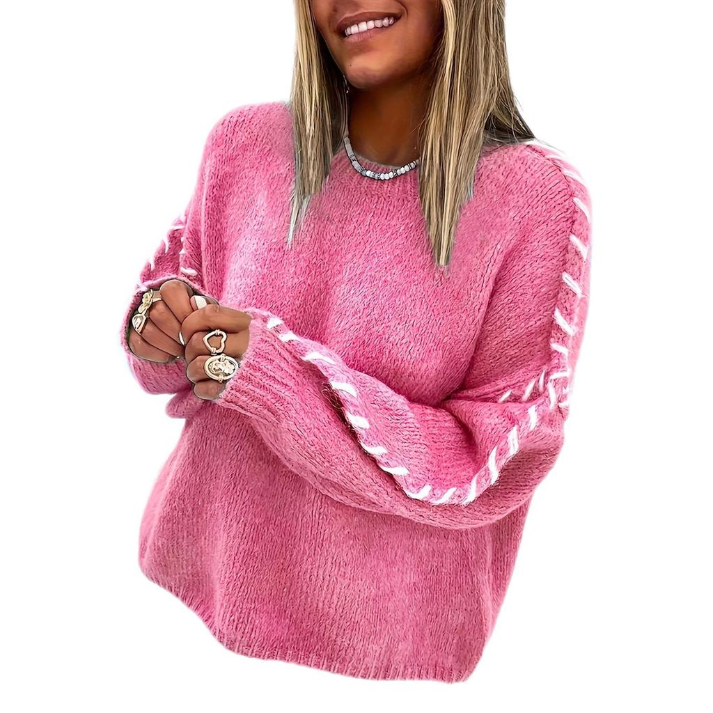Women's Autumn/Winter Color Block Round Neck Pullover Top