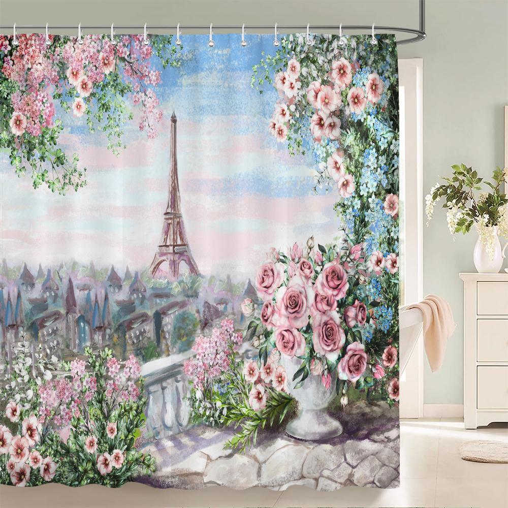 Flowers Butterfly Pattern Shower Curtains Bathroom Curtains Waterproof Polyester Bath Curtain with 12 Hooks Shower Curtain