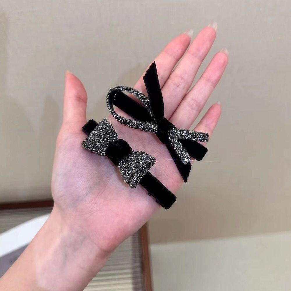 Korean Style Velvet Bow Hairpin Top Barrette Bangs Side Clip Sweet Rhinestone Duck Bill Clip  Party