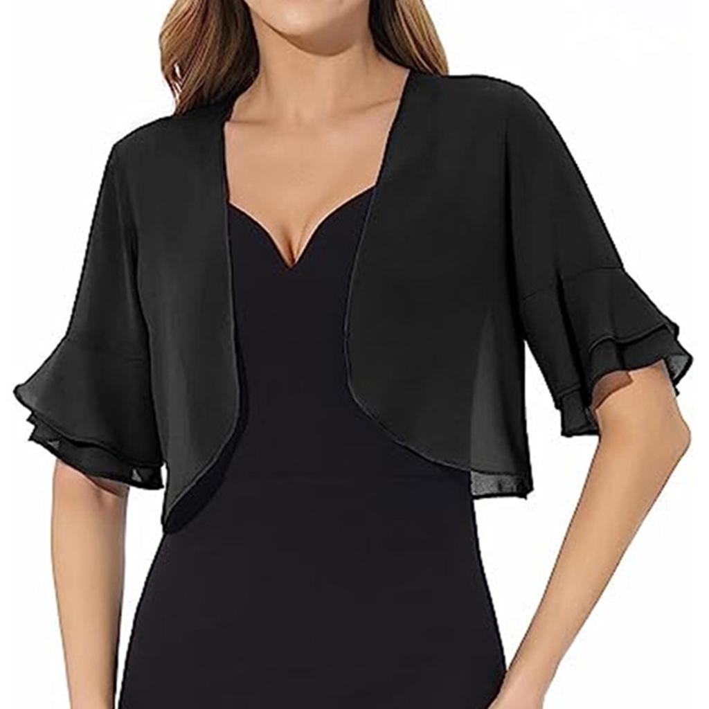 Women's Fashion Casual Summer Cardigan Half Open Collar Ruffle Sleeve Short Sleeve Coats And Tops