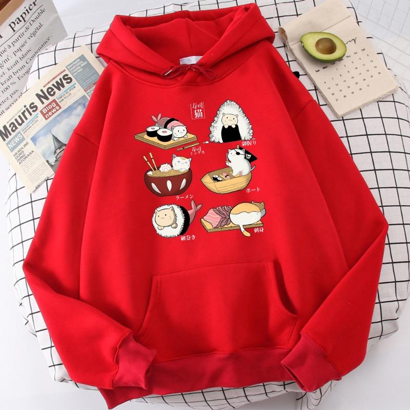 Food Cute Cat Sushi Printed Hoodie Mens Autumn Fleece Oversize Hoody Hip Hop Loose Sweatshirt Soft Oversize  Clothes Tops