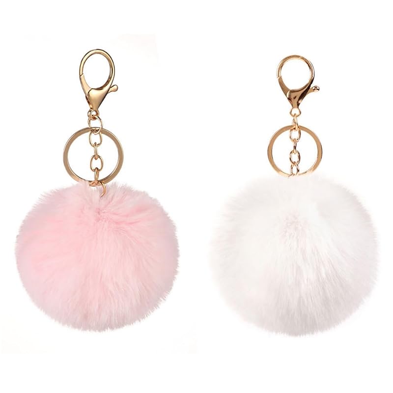 

[COZENTA] charm Fluffy pom pom key ring cute set of 2 (pale pink white)