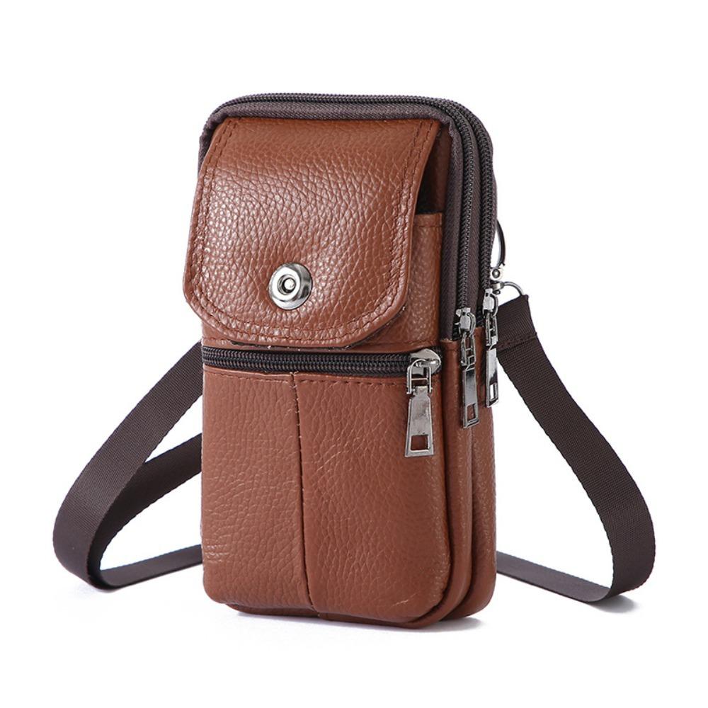 New Cowhide Leather Messenger Bag Multi-Pockets Small Mobile Phone Pouch Solid Color Chest Bag Male
