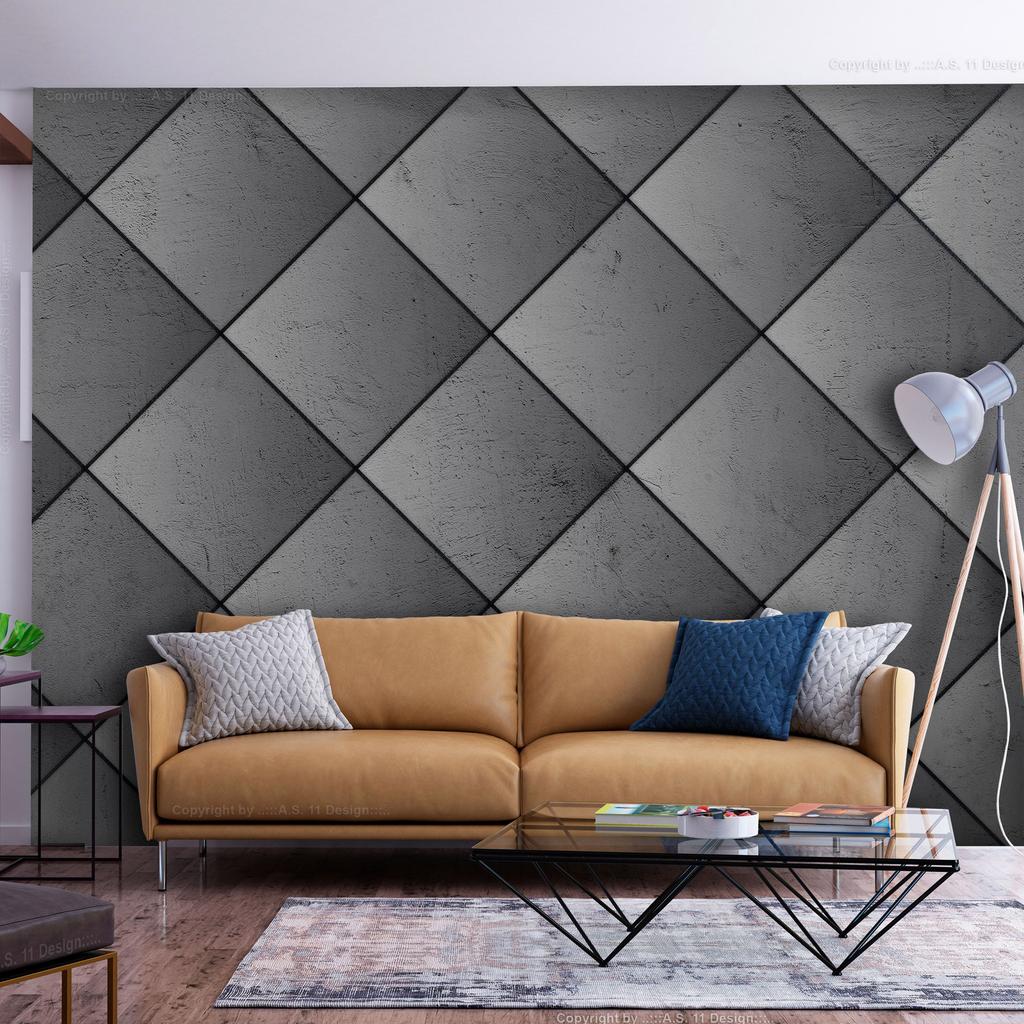 Fototapeta - Szara Symetria - Geometryczny Wzór W Deseń Z Betonu Z Czarnymi Fugami