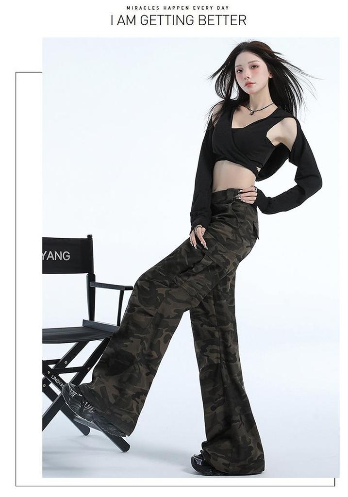 Women's American Retro Camo Work Pants: Spring High Street, Hip Hop Style, Loose Micro Flare, Floor-Length, Drape Casual Trendy.